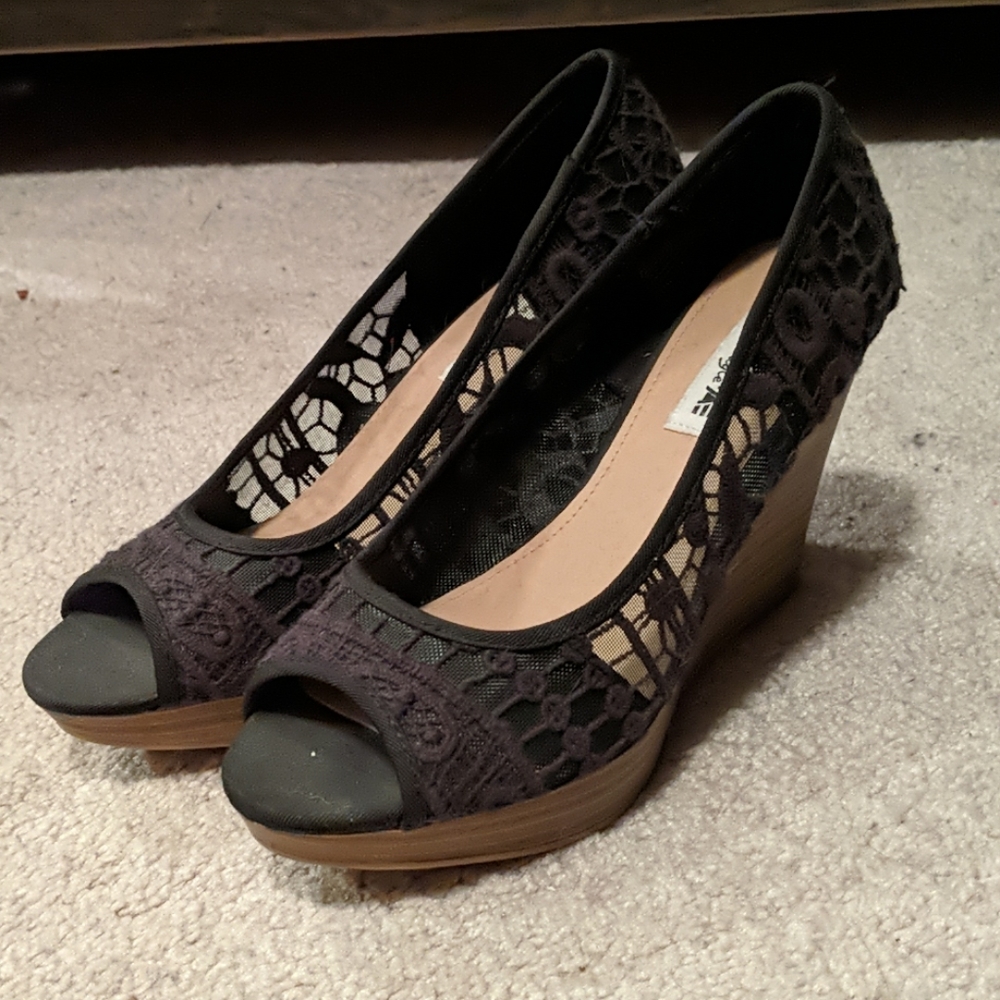 Black Lace Open Toe Wedge Heels